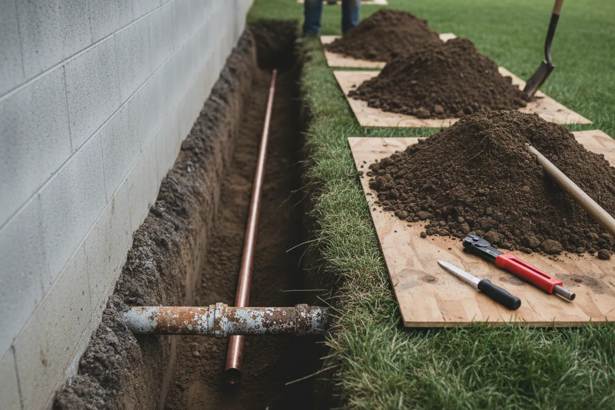 Excavated water line trench during Water Softener Installation in Urbana